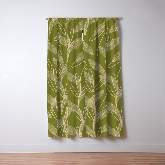 Mid Century Modern Botanical Pattern in Mid Mod Beige and Olive Green Window Curtain Gallery Image 3