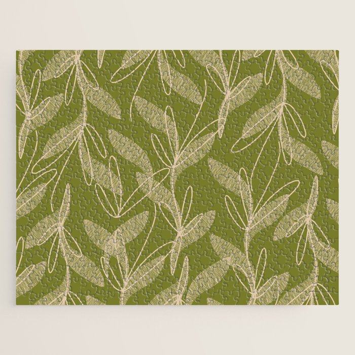 Mid Century Modern Botanical Pattern in Mid Mod Beige and Olive Green Jigsaw Puzzle Gallery Image 1