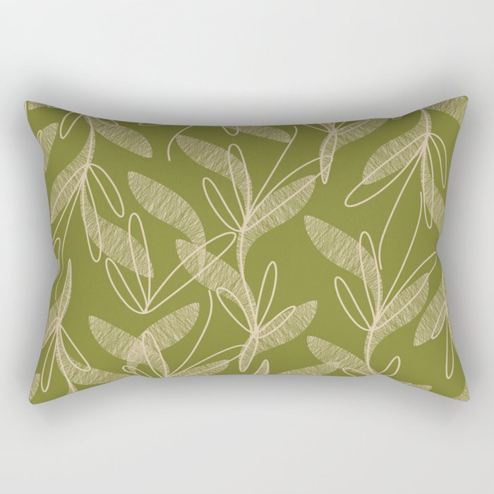 Mid Century Modern Botanical Pattern in Mid Mod Beige and Olive Green Rectangular Pillow Gallery Image 2