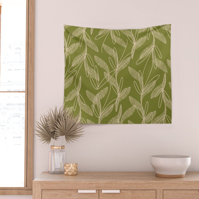Mid Century Modern Botanical Pattern in Mid Mod Beige and Olive Green Wall Tapestry Gallery Image 2