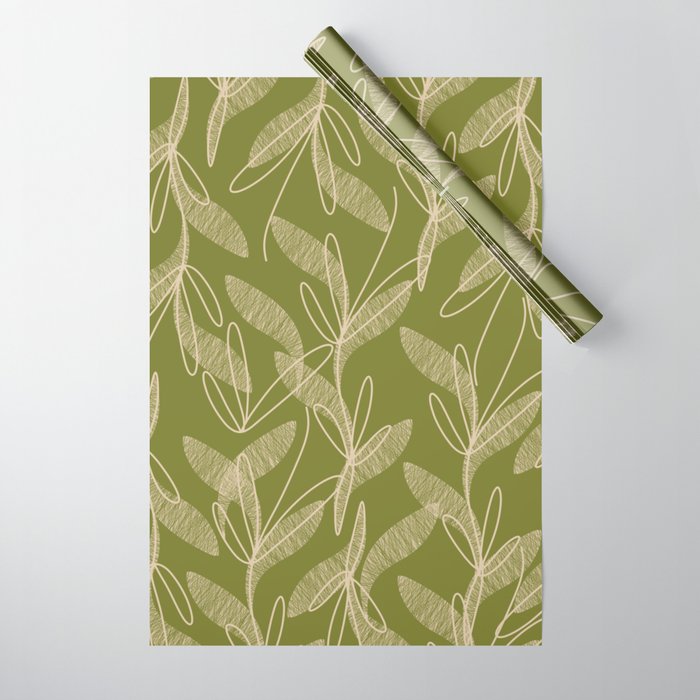 Mid Century Modern Botanical Pattern in Mid Mod Beige and Olive Green Wrapping Paper Gallery Image 1