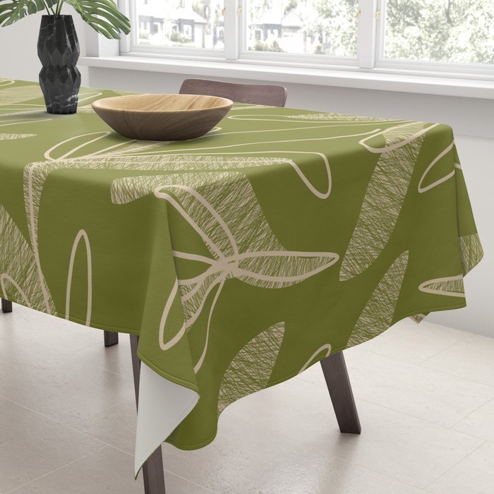 Mid Century Modern Botanical Pattern in Mid Mod Beige and Olive Green Tablecloth Gallery Image 3