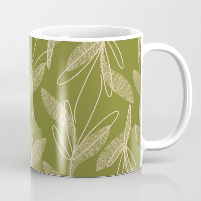 Mid Century Modern Botanical Pattern in Mid Mod Beige and Olive Green Coffee Mug Gallery Image 1