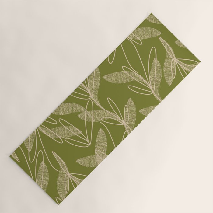 Mid Century Modern Botanical Pattern in Mid Mod Beige and Olive Green Yoga Mat Gallery Image 1