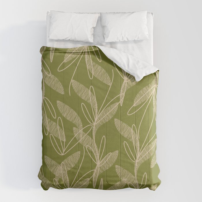 Mid Century Modern Botanical Pattern in Mid Mod Beige and Olive Green Comforter Gallery Image 6