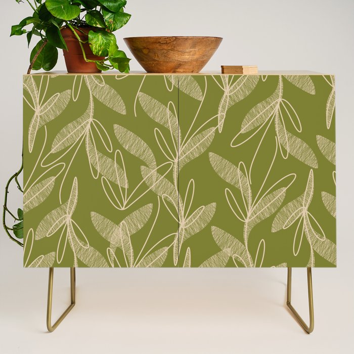 Mid Century Modern Botanical Pattern in Mid Mod Beige and Olive Green Credenza Gallery Image 1