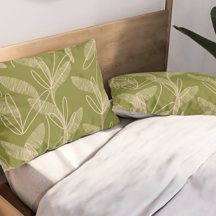 Mid Century Modern Botanical Pattern in Mid Mod Beige and Olive Green Pillow Sham Gallery Image 2