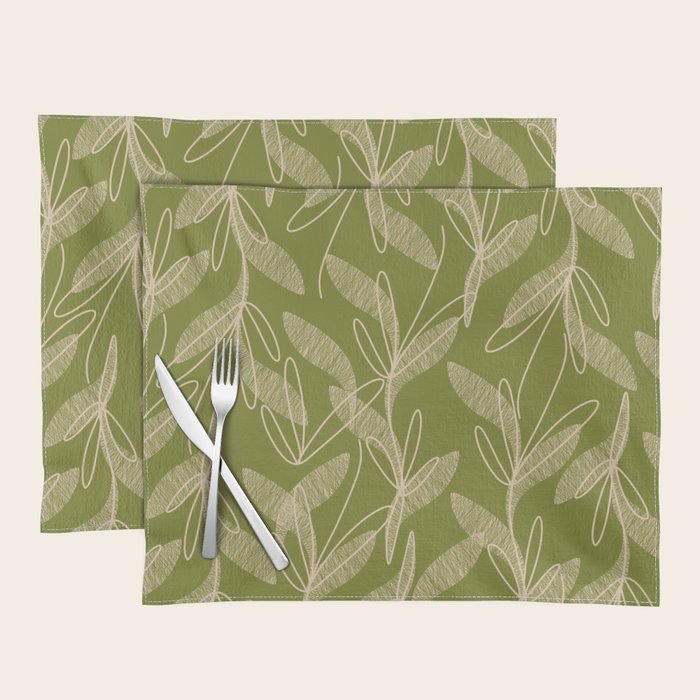 Mid Century Modern Botanical Pattern in Mid Mod Beige and Olive Green Placemat Gallery Image 1