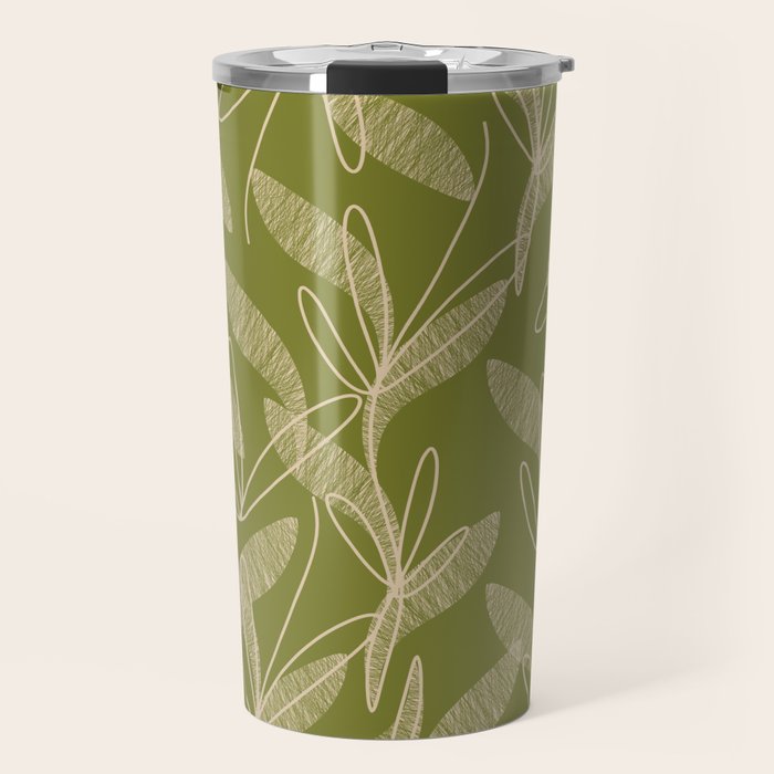 Mid Century Modern Botanical Pattern in Mid Mod Beige and Olive Green Travel Mug Gallery Image 1