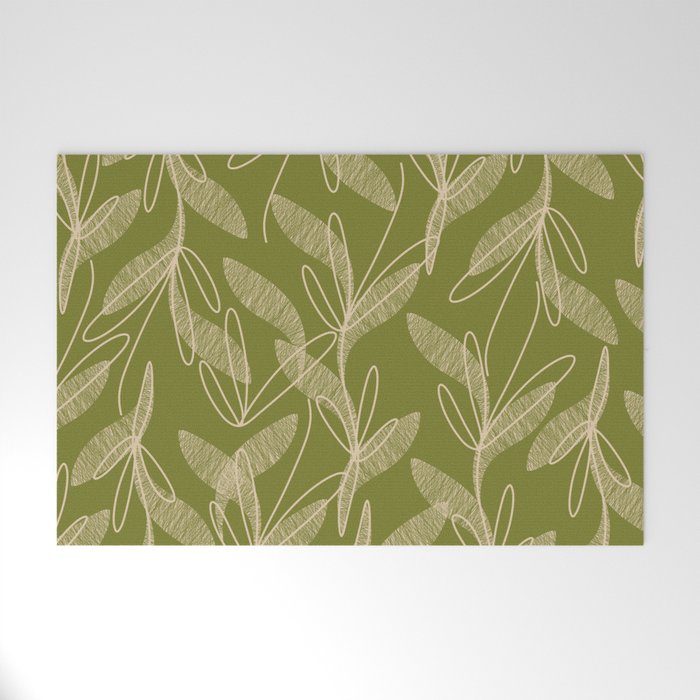 Mid Century Modern Botanical Pattern in Mid Mod Beige and Olive Green Welcome Mat Gallery Image 1