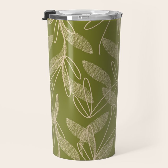 Mid Century Modern Botanical Pattern in Mid Mod Beige and Olive Green Travel Mug Gallery Image 3
