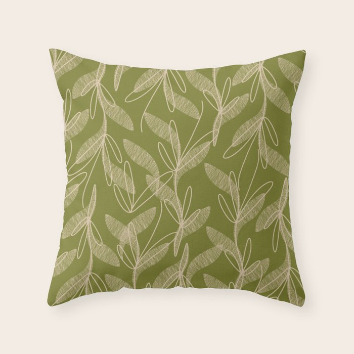 Mid Century Modern Botanical Pattern in Mid Mod Beige and Olive Green Throw Pillow Gallery Image 6
