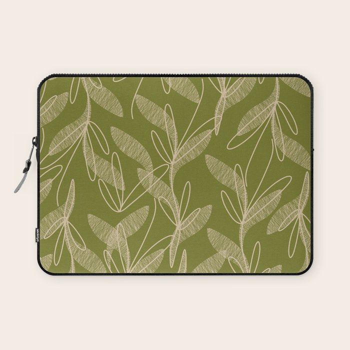 Mid Century Modern Botanical Pattern in Mid Mod Beige and Olive Green Laptop Sleeve Gallery Image 1
