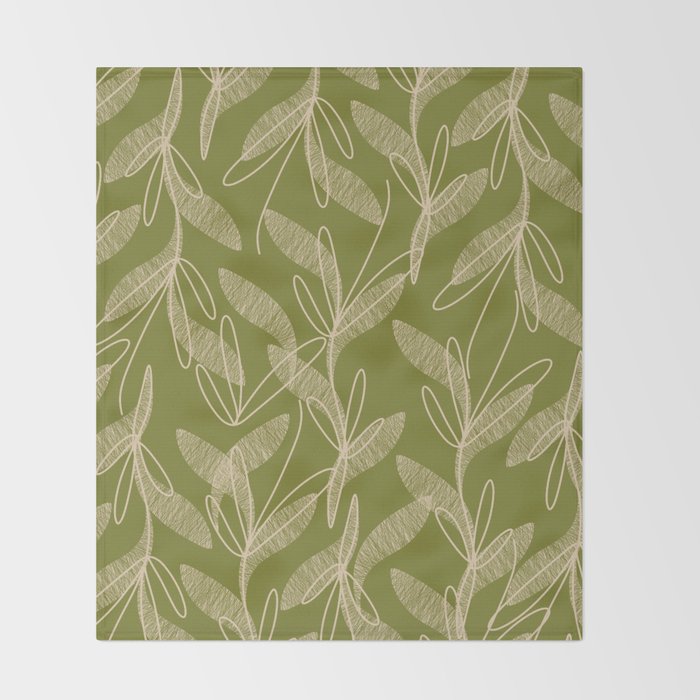 Mid Century Modern Botanical Pattern in Mid Mod Beige and Olive Green Throw Blanket Gallery Image 2