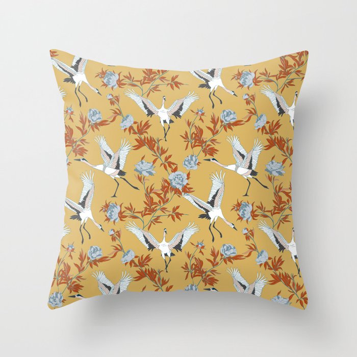 Japanese Ornate Heron Pattern Saffron Gold II Throw Pillow Gallery Image 6