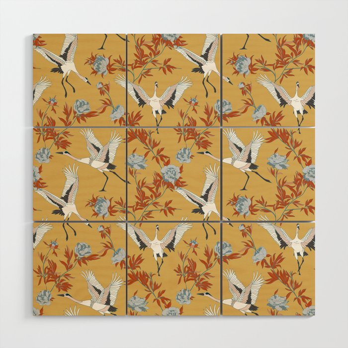 Japanese Ornate Heron Pattern Saffron Gold II Wood Wall Art Gallery Image 1