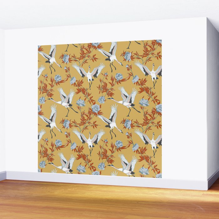 Japanese Ornate Heron Pattern Saffron Gold II Wall Mural Gallery Image 2