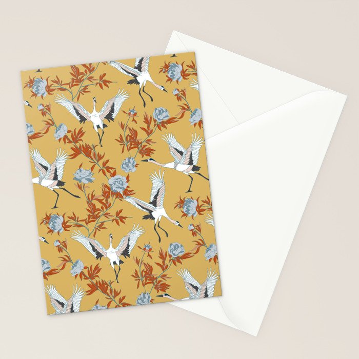 Japanese Ornate Heron Pattern Saffron Gold II Stationery Card Gallery Image 2