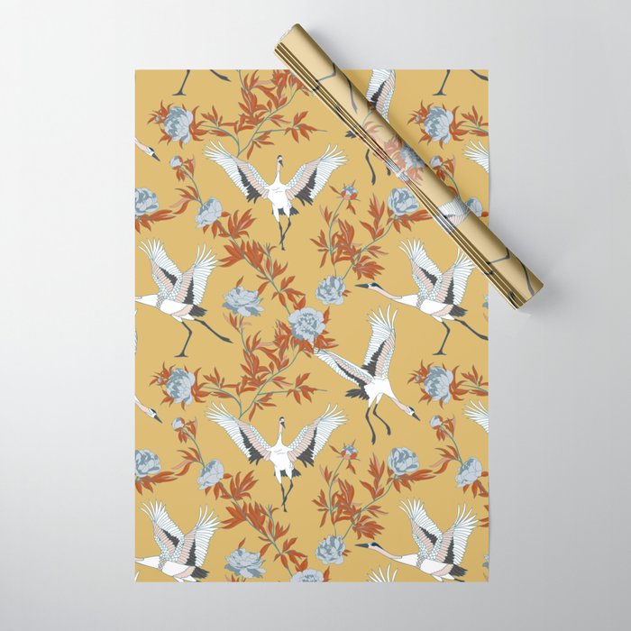 Japanese Ornate Heron Pattern Saffron Gold II Wrapping Paper Gallery Image 1