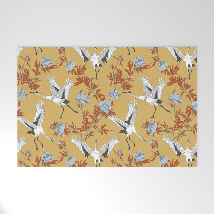 Japanese Ornate Heron Pattern Saffron Gold II Welcome Mat Gallery Image 1
