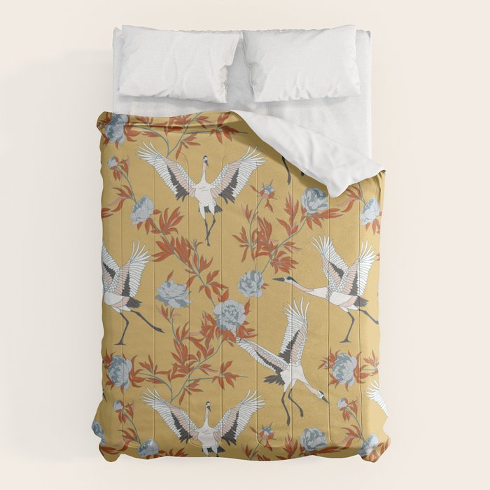 Japanese Ornate Heron Pattern Saffron Gold II Comforter Gallery Image 1