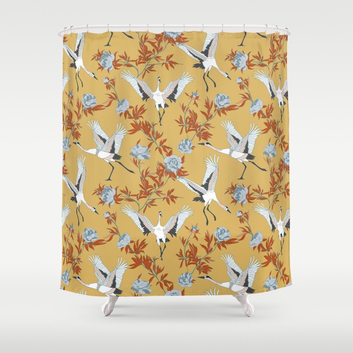 Japanese Ornate Heron Pattern Saffron Gold II Shower Curtain Gallery Image 1
