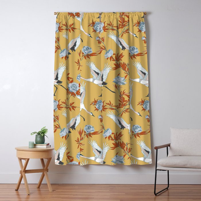 Japanese Ornate Heron Pattern Saffron Gold II Window Curtain Gallery Image 1