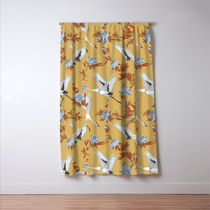 Japanese Ornate Heron Pattern Saffron Gold II Window Curtain Gallery Image 3