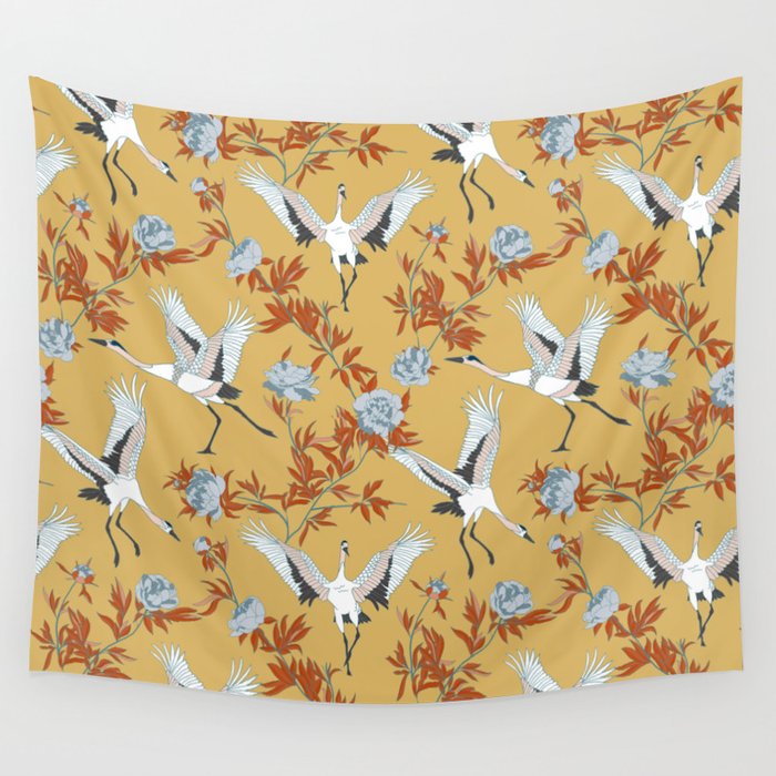Japanese Ornate Heron Pattern Saffron Gold II Wall Tapestry Gallery Image 1