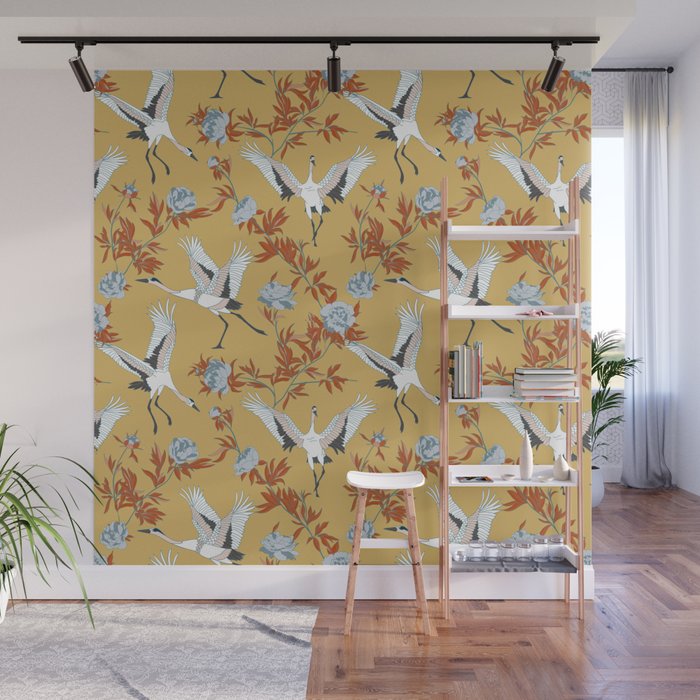 Japanese Ornate Heron Pattern Saffron Gold II Wall Mural Gallery Image 1