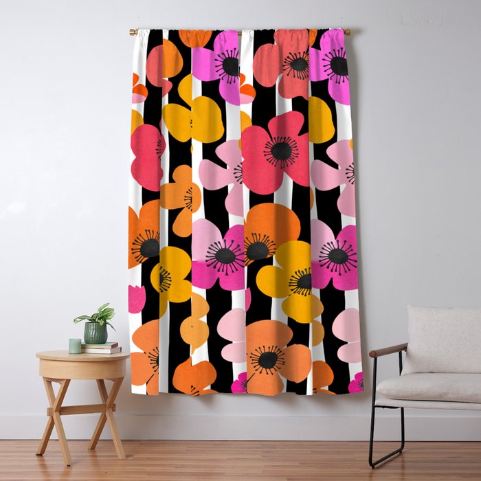 Midcentury Playful Botanica Bold Multicolor Retro Flowers On Black And White Stripes Window Curtain Gallery Image 5