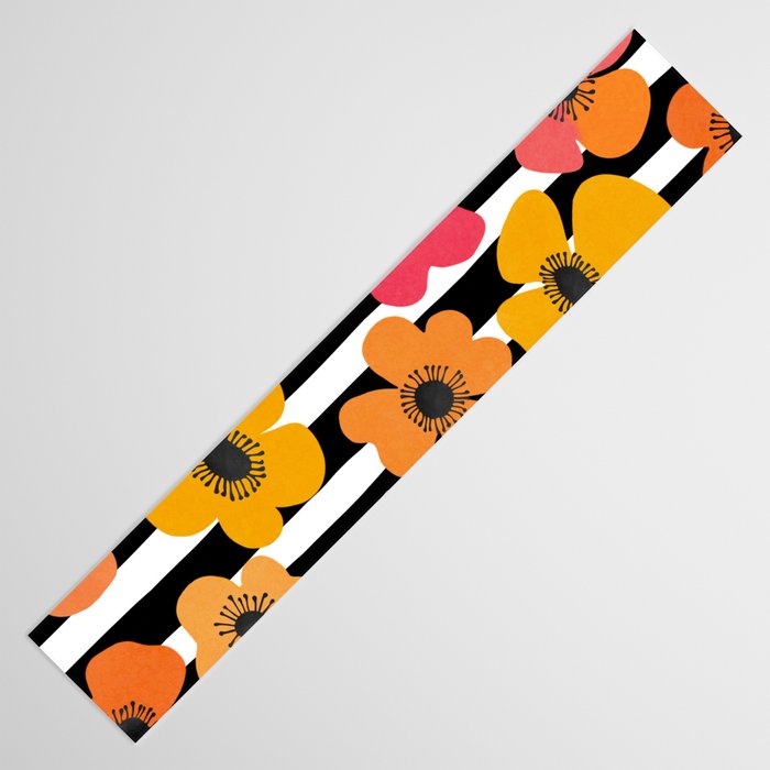 Midcentury Playful Botanica Bold Multicolor Retro Flowers On Black And White Stripes Table Runner Gallery Image 3