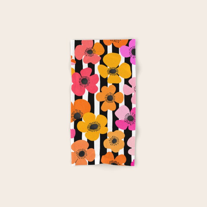 Midcentury Playful Botanica Bold Multicolor Retro Flowers On Black And White Stripes Bath Towel Gallery Image 1