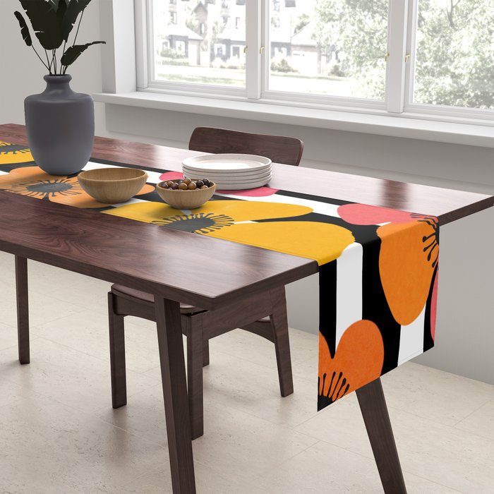 Midcentury Playful Botanica Bold Multicolor Retro Flowers On Black And White Stripes Table Runner Gallery Image 2