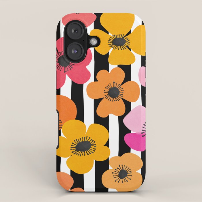 Midcentury Playful Botanica Bold Multicolor Retro Flowers On Black And White Stripes iPhone Case Gallery Image 1