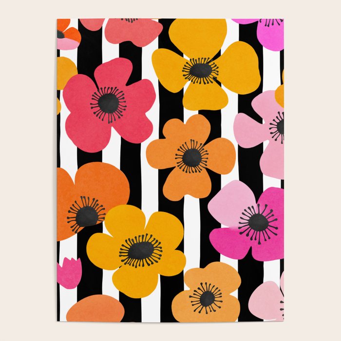 Midcentury Playful Botanica Bold Multicolor Retro Flowers On Black And White Stripes Poster Gallery Image 4