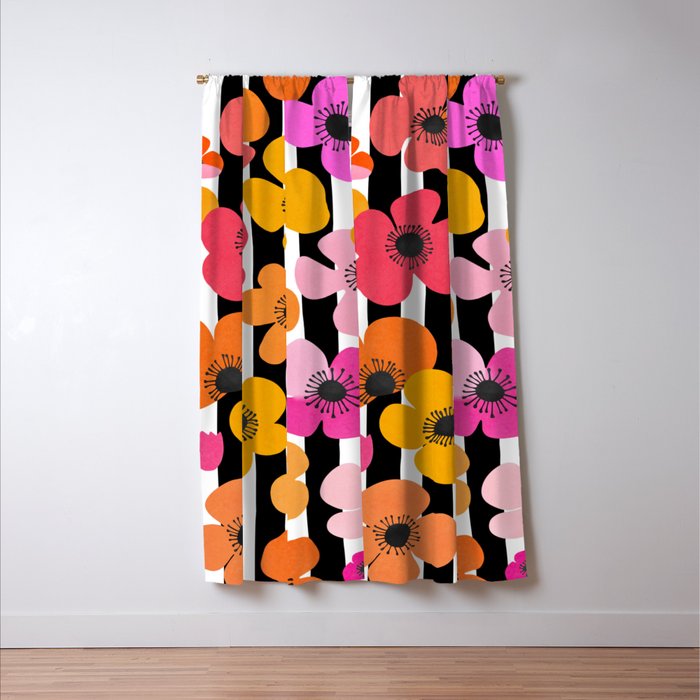Midcentury Playful Botanica Bold Multicolor Retro Flowers On Black And White Stripes Window Curtain Gallery Image 3
