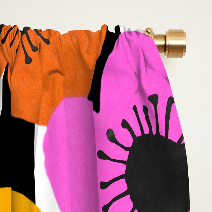 Midcentury Playful Botanica Bold Multicolor Retro Flowers On Black And White Stripes Window Curtain Gallery Image 2