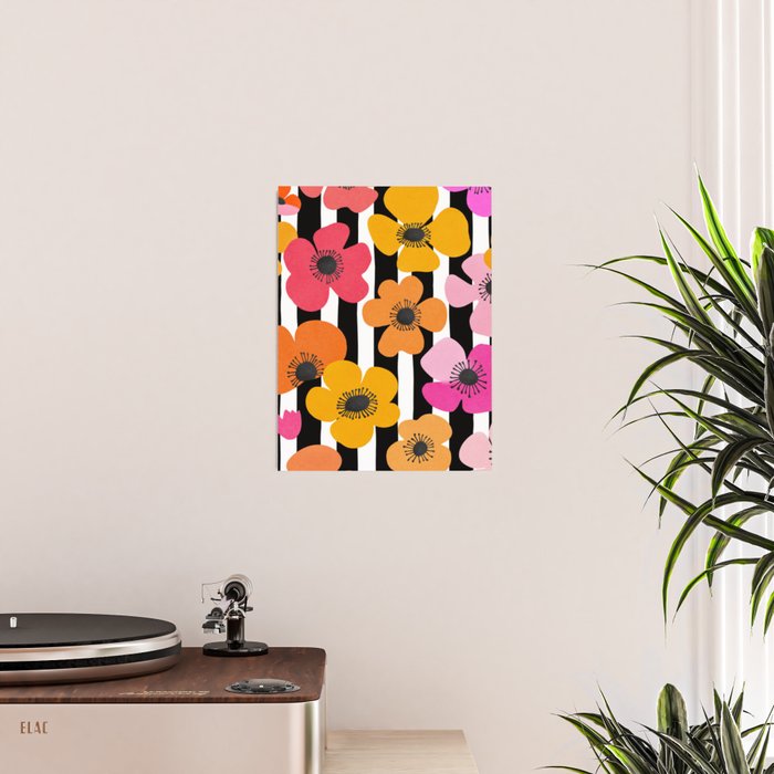 Midcentury Playful Botanica Bold Multicolor Retro Flowers On Black And White Stripes Poster Gallery Image 2