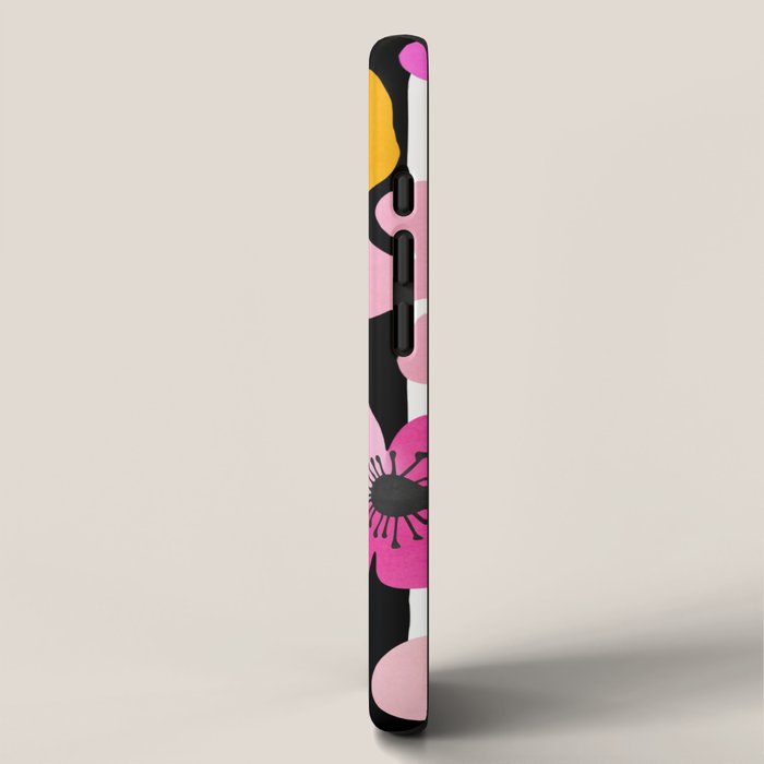 Midcentury Playful Botanica Bold Multicolor Retro Flowers On Black And White Stripes iPhone Case Gallery Image 2
