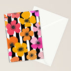 Midcentury Playful Botanica Bold Multicolor Retro Flowers On Black And White Stripes Stationery Card Gallery Image 2