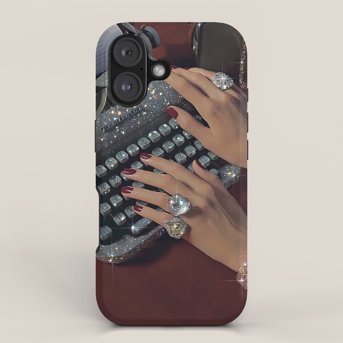 RETRO TYPEWRITER | Glitter collage art work by Yana Potter | vintage aesthetic | diamonds and shine | red nails | jewelry | writer  iPhone Case Gallery Image 1