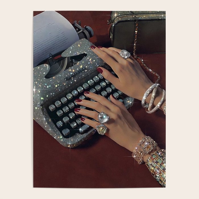 RETRO TYPEWRITER | Glitter collage art work by Yana Potter | vintage aesthetic | diamonds and shine | red nails | jewelry | writer  Poster Gallery Image 1