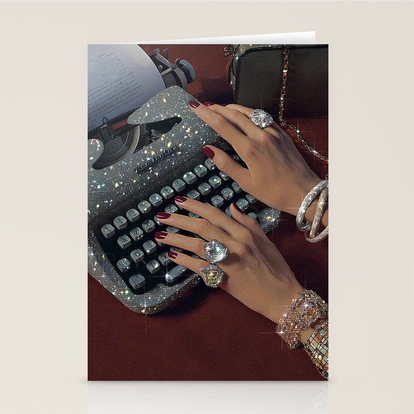 RETRO TYPEWRITER | Glitter collage art work by Yana Potter | vintage aesthetic | diamonds and shine | red nails | jewelry | writer  Stationery Card Gallery Image 1