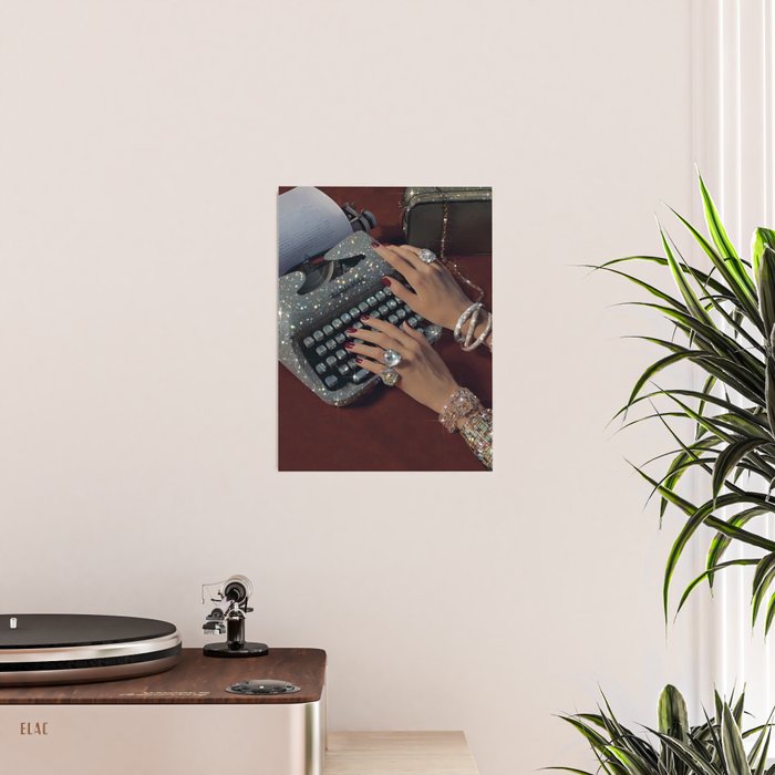 RETRO TYPEWRITER | Glitter collage art work by Yana Potter | vintage aesthetic | diamonds and shine | red nails | jewelry | writer  Poster Gallery Image 2