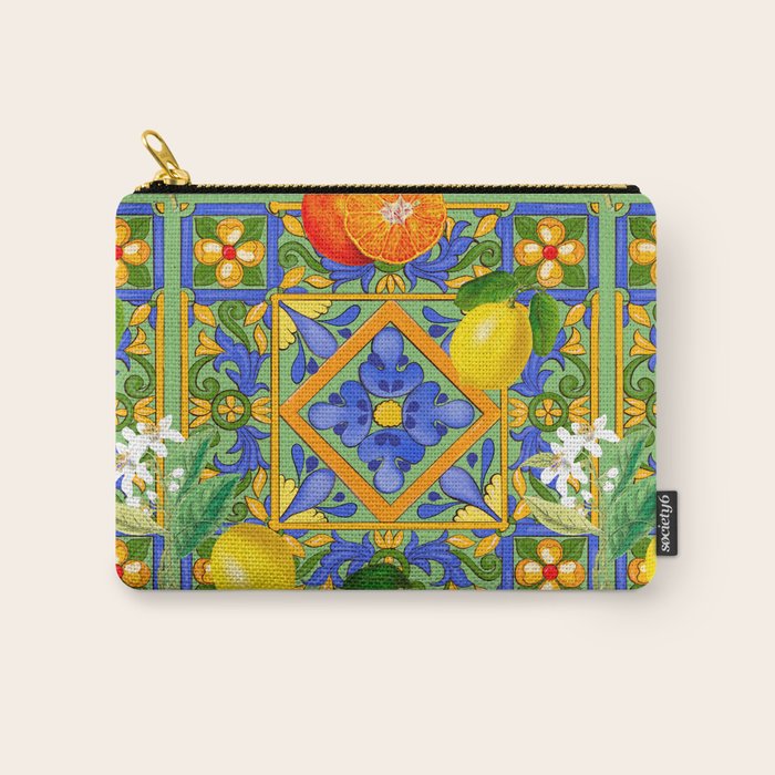 Summer ,Sicilian tiles ,citrus,oranges,majolica,lemons ,Mediterranean  Carry All Pouch Gallery Image 1