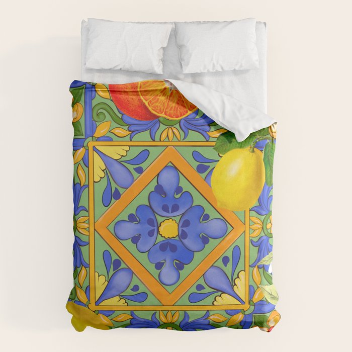 Summer ,Sicilian tiles ,citrus,oranges,majolica,lemons ,Mediterranean  Duvet Cover Gallery Image 1