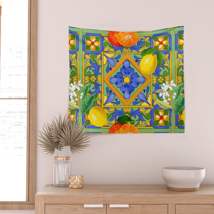 Summer ,Sicilian tiles ,citrus,oranges,majolica,lemons ,Mediterranean  Wall Tapestry Gallery Image 2