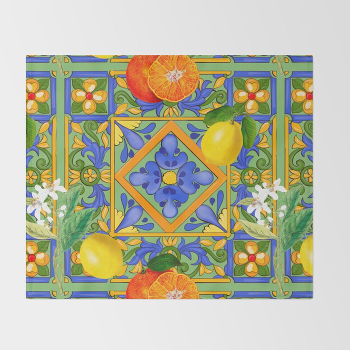 Summer ,Sicilian tiles ,citrus,oranges,majolica,lemons ,Mediterranean  Throw Blanket Gallery Image 2
