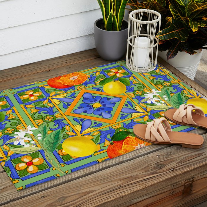 Summer ,Sicilian tiles ,citrus,oranges,majolica,lemons ,Mediterranean  Outdoor Rug Gallery Image 2